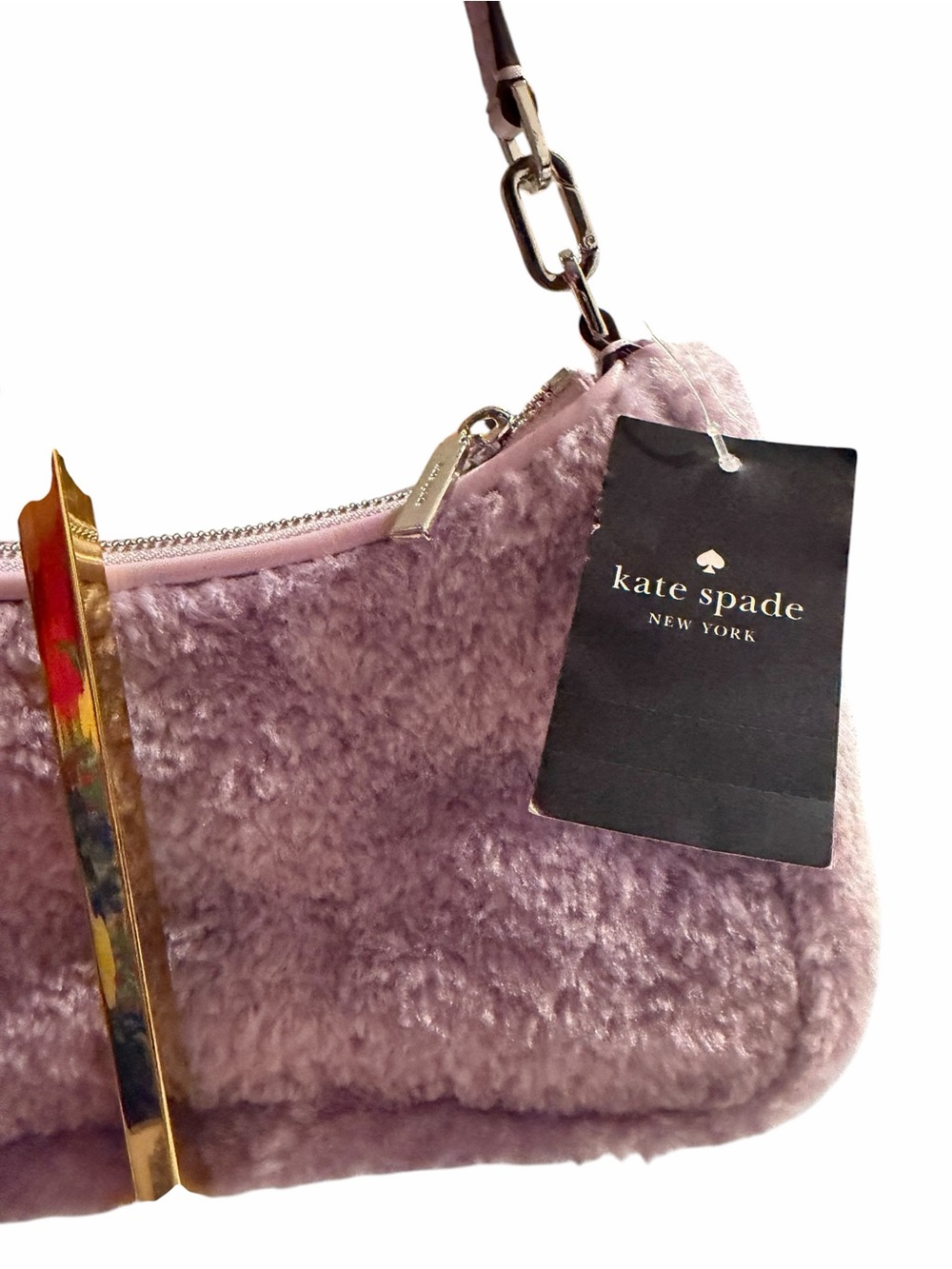 kate spade lavender faux-fur shoulder bag with silver spade logo - Picture 7 of 11
